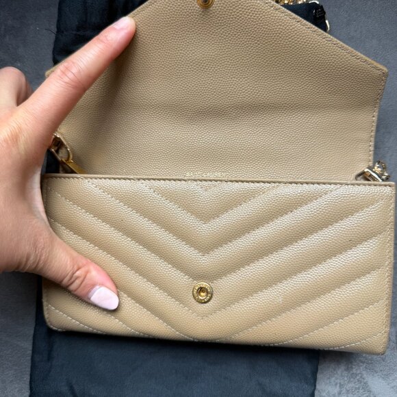 SAINT LAURENT Cassandre Chain matelassé textured-leather  Beige YSL cassandre wallet on chain